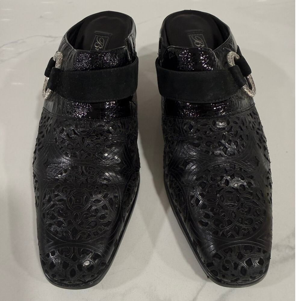 Brighton Talent Black Leather Laser Cutout Mule Heels Slip On Buckle 7M Brazil